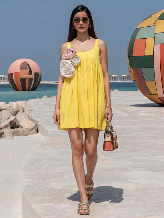 Lime Yellow Cotton Floral Summer Indo Western Dress