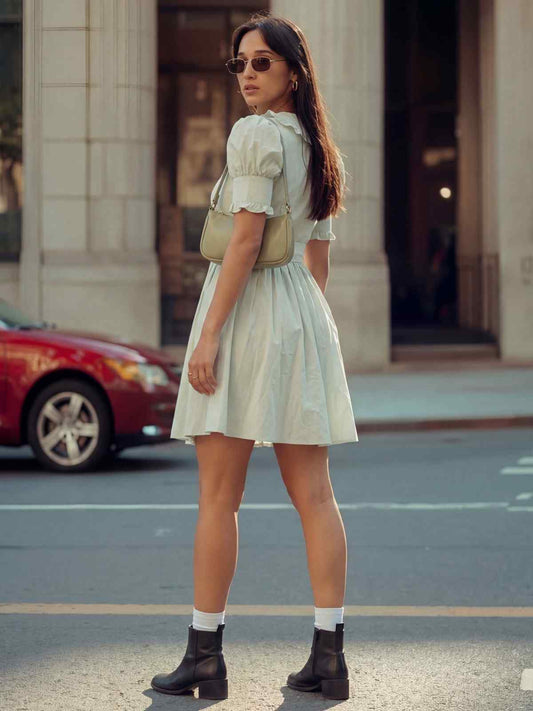 Green Cotton Ruffeled Sleeves Mini Indo Western Dress