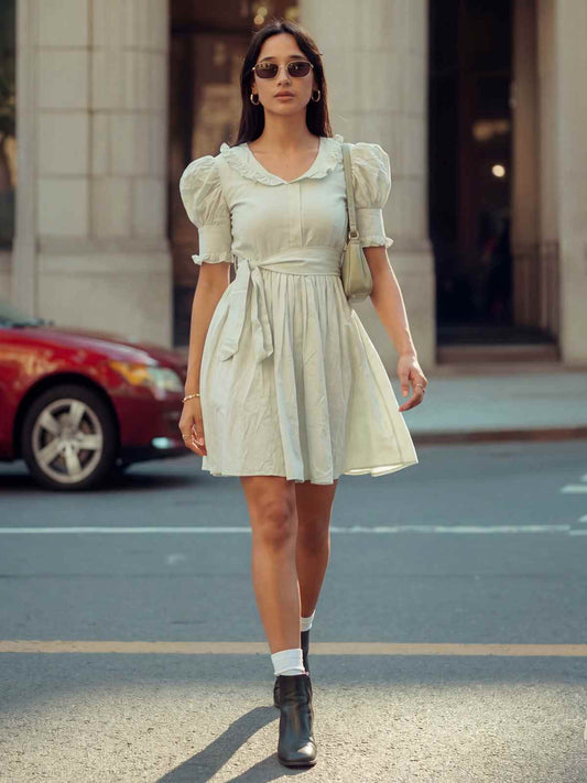 Green Cotton Ruffeled Sleeves Mini Indo Western Dress