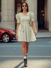 Green Cotton Ruffeled Sleeves Mini Indo Western Dress