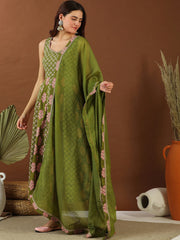 Women Green Floral Printed Empire Gotta Patti Pure Cotton Kurta with Trousers & With Dupatta