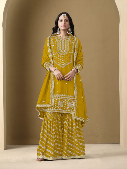Mustard Embroidered Art Silk Gharara Style Suit