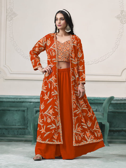 Orange Embroidered Jacket Style Sharara Suit