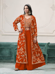 Orange Embroidered Jacket Style Sharara Suit