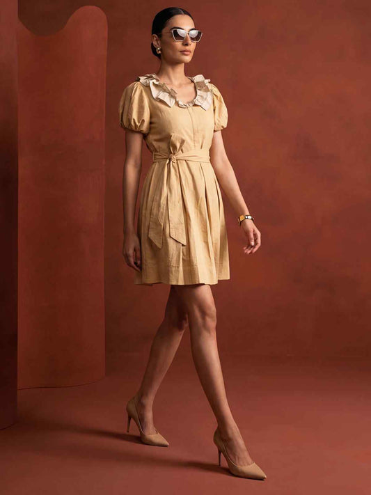 Mustard Linen Ruffeled Sleeves Mini Indo Western Dress
