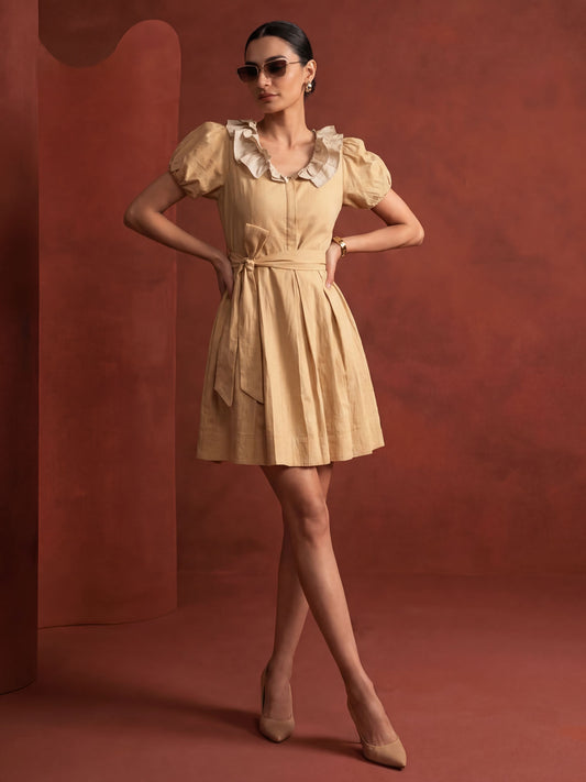 Mustard Linen Ruffeled Sleeves Mini Indo Western Dress