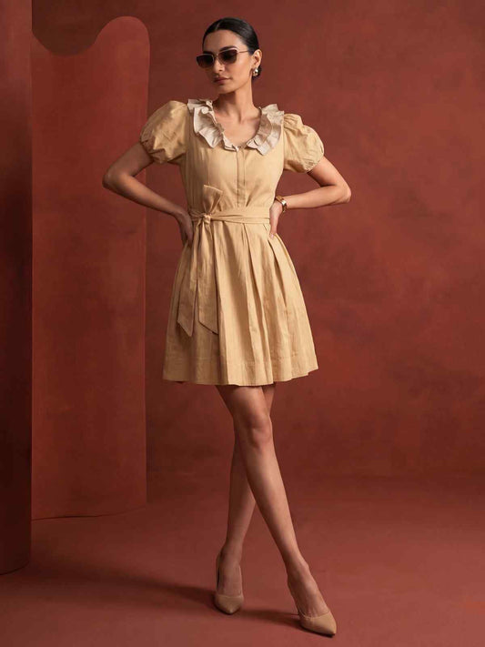 Mustard Linen Ruffeled Sleeves Mini Indo Western Dress