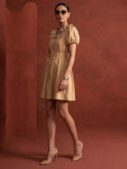 Mustard Linen Ruffeled Sleeves Mini Indo Western Dress