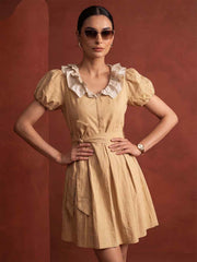 Mustard Linen Ruffeled Sleeves Mini Indo Western Dress