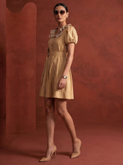 Mustard Linen Ruffeled Sleeves Mini Indo Western Dress