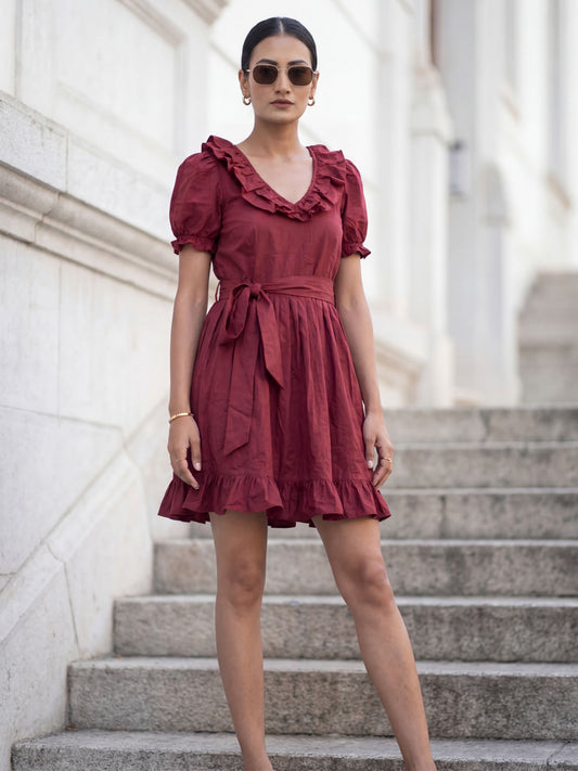 Dark Maroon Cotton Ruffeled Sleeves Mini Indo Western Dress
