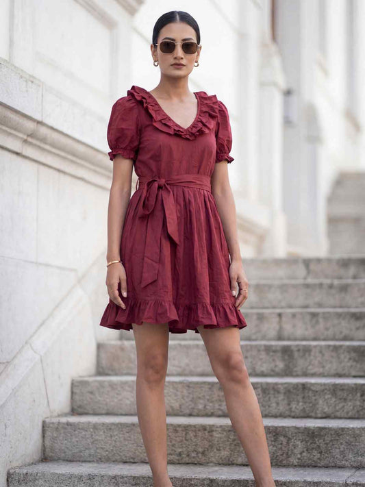 Dark Maroon Cotton Ruffeled Sleeves Mini Indo Western Dress