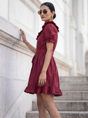 Dark Maroon Cotton Ruffeled Sleeves Mini Indo Western Dress