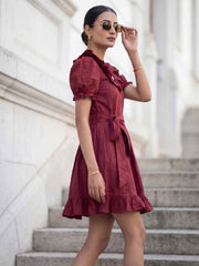 Dark Maroon Cotton Ruffeled Sleeves Mini Indo Western Dress