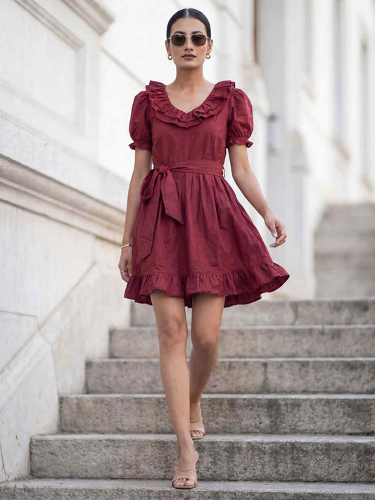 Dark Maroon Cotton Ruffeled Sleeves Mini Indo Western Dress