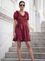 Dark Maroon Cotton Ruffeled Sleeves Mini Indo Western Dress