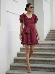 Dark Maroon Cotton Ruffeled Sleeves Mini Indo Western Dress