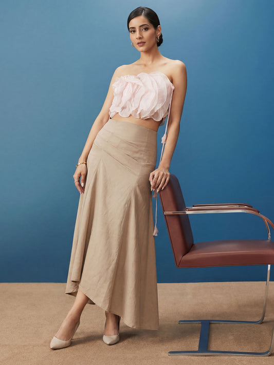Soft Pink Ruffled Top with Pleated Linen Long Skirt Indo Western