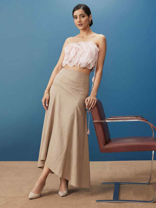 Soft Pink Ruffled Top with Pleated Linen Long Skirt Indo Western