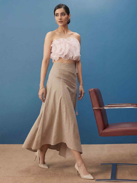 Soft Pink Ruffled Top with Pleated Linen Long Skirt Indo Western