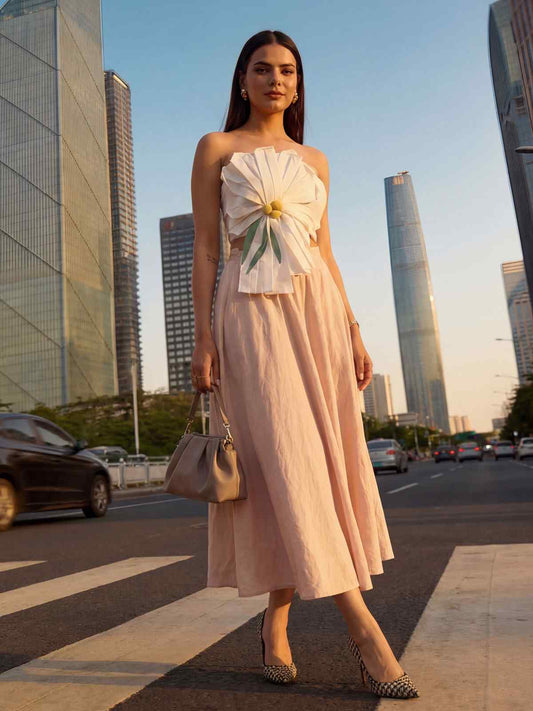 White Tube Top with Long Linen Beige Skirt Indo Western Dress