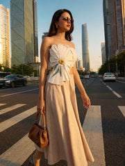 White Tube Top with Long Linen Beige Skirt Indo Western Dress