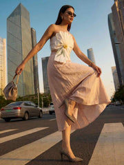 White Tube Top with Long Linen Beige Skirt Indo Western Dress