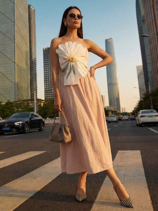White Tube Top with Long Linen Beige Skirt Indo Western Dress
