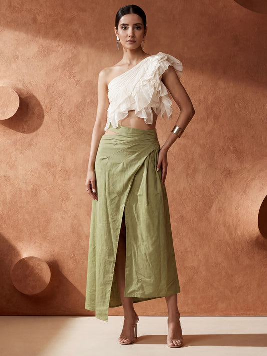 White Ruffled One Shoulder Top with Green Cotton Skirt Dress