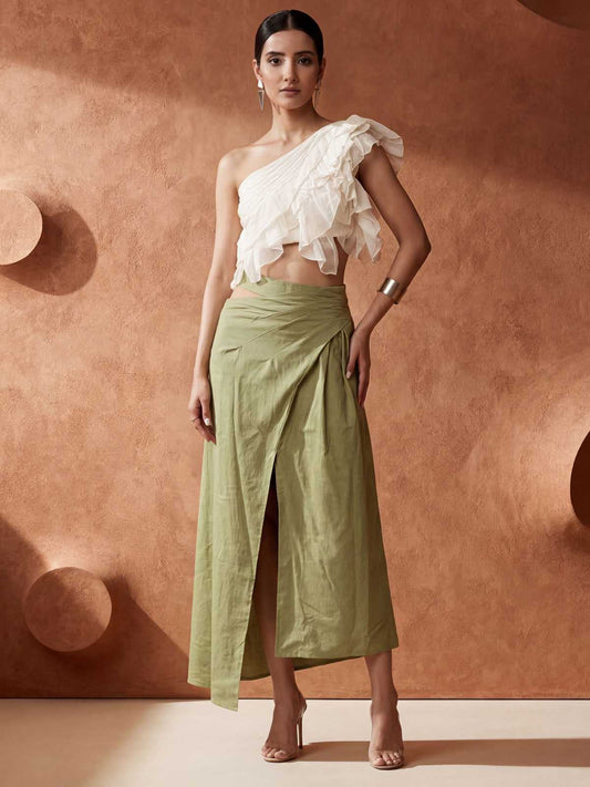 White Ruffled One Shoulder Top with Green Cotton Skirt Dress