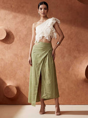 White Ruffled One Shoulder Top with Green Cotton Skirt Dress