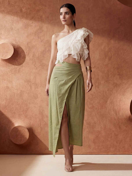 White Ruffled One Shoulder Top with Green Cotton Skirt Dress