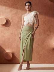 White Ruffled One Shoulder Top with Green Cotton Skirt Dress