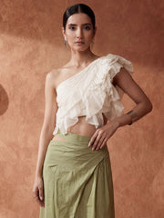 White Ruffled One Shoulder Top with Green Cotton Skirt Dress
