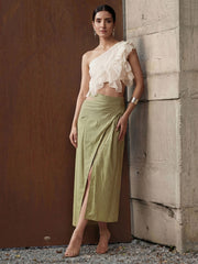 White Ruffled One Shoulder Top with Green Cotton Skirt Dress