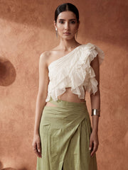White Ruffled One Shoulder Top with Green Cotton Skirt Dress