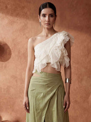 White Ruffled One Shoulder Top with Green Cotton Skirt Dress