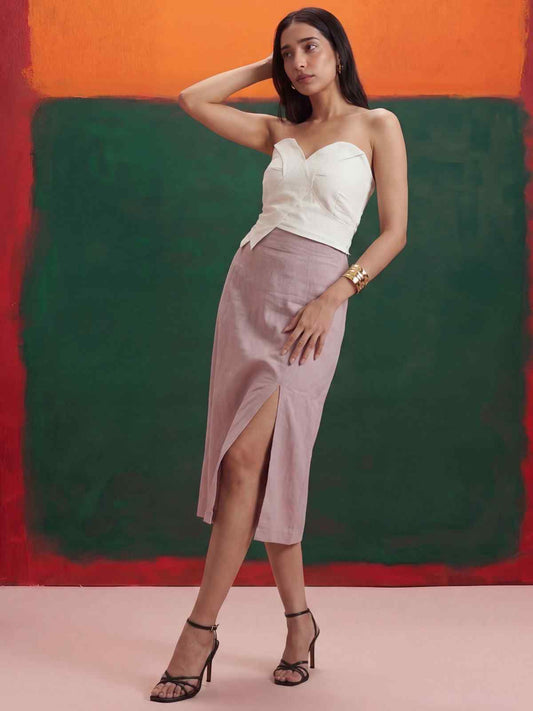 White Tube Top Linen Mauve Pencil Skirt Indo Western Dress