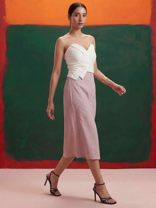 White Tube Top Linen Mauve Pencil Skirt Indo Western Dress
