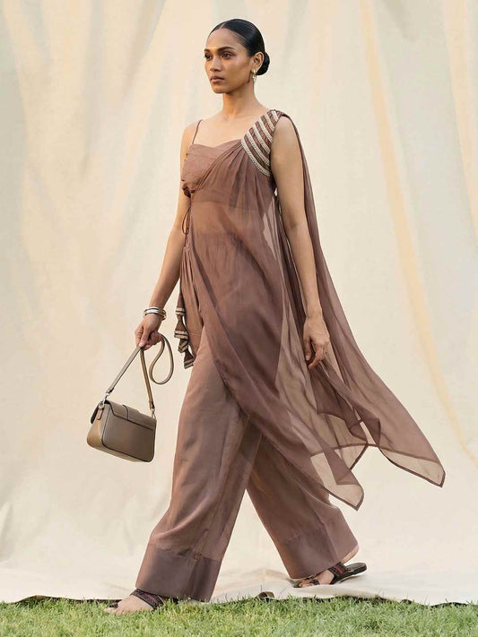 Brown Silk Crop Top with Pant & One Side Shrug Set