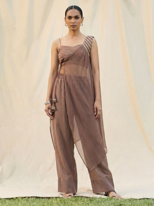Brown Silk Crop Top with Pant & One Side Shrug Set