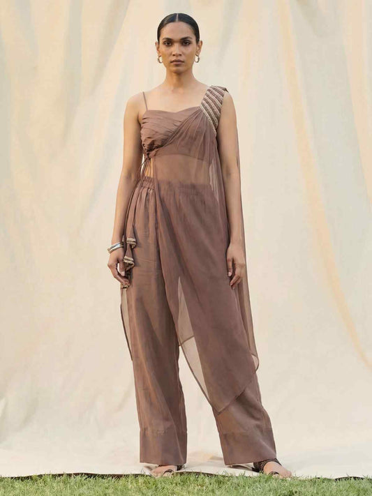 Brown Silk Crop Top with Pant & One Side Shrug Set