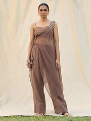 Brown Silk Crop Top with Pant & One Side Shrug Set
