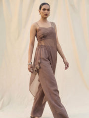 Brown Silk Crop Top with Pant & One Side Shrug Set