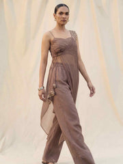 Brown Silk Crop Top with Pant & One Side Shrug Set