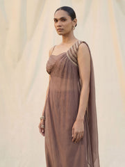 Brown Silk Crop Top with Pant & One Side Shrug Set