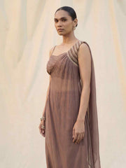 Brown Silk Crop Top with Pant & One Side Shrug Set