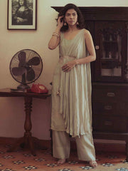 Sea Green Silk Kurta with Pant & One Side Shrug Set