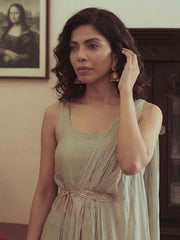 Sea Green Silk Kurta with Pant & One Side Shrug Set