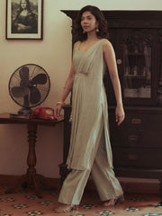 Sea Green Silk Kurta with Pant & One Side Shrug Set